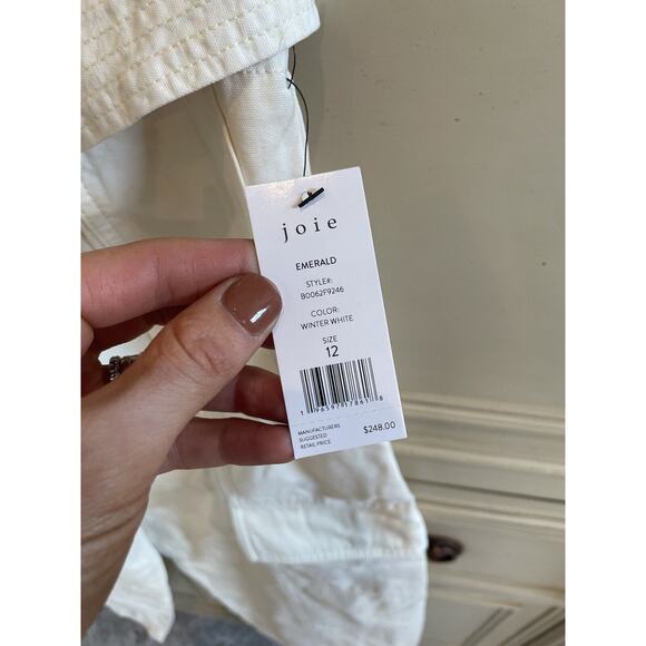 NWT $248 Joie Emerald Cotton Blend Ivory Straight Leg Pants Size 12 Belted - Picture 5 of 13